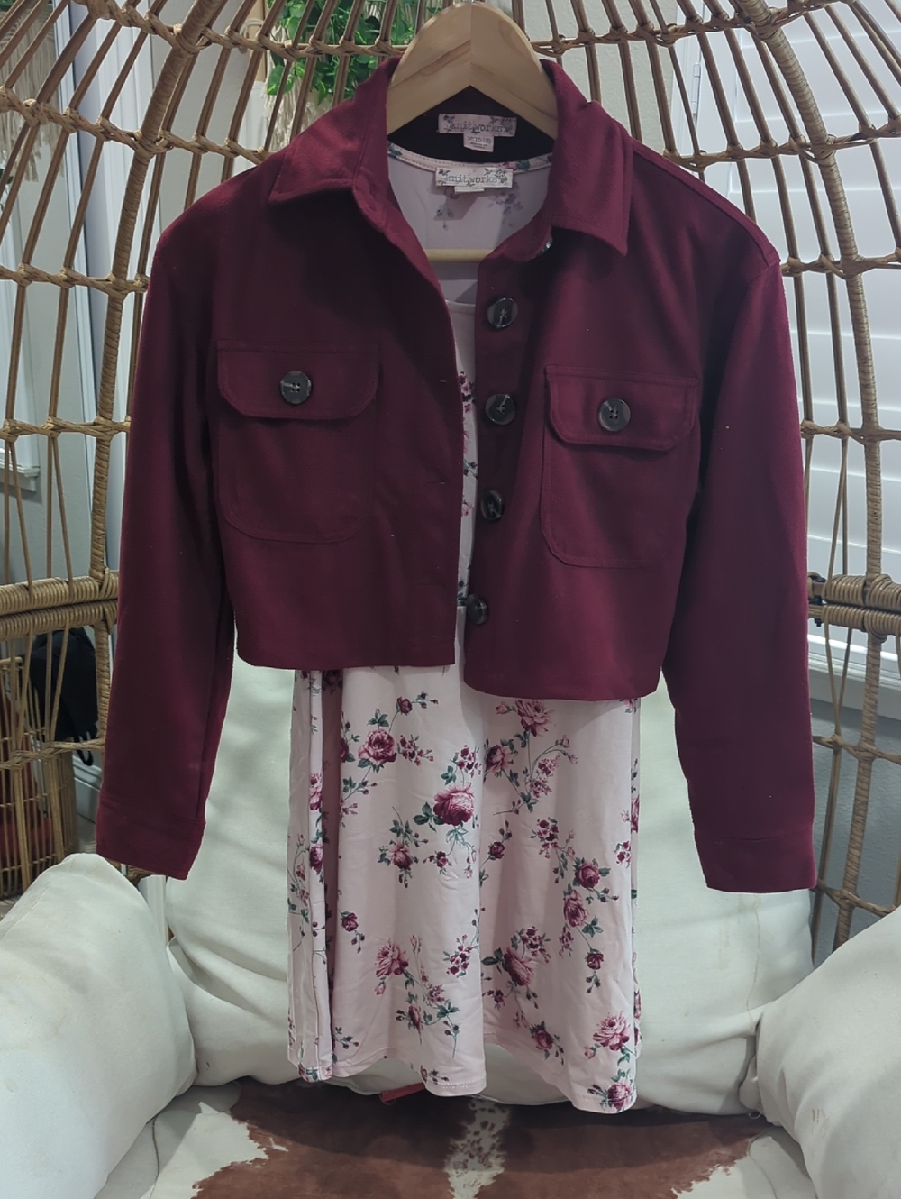 Knitworks Cropped Maroon Button-Front Jacket